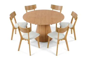 Siena Rund Spisebordsgruppe 130 cm – Spisebord med 6 Amelia Spisebordsstole med Hynde i Træ med Egetræsudseende - Natur - Møbler - Borde - Spisebordssæt