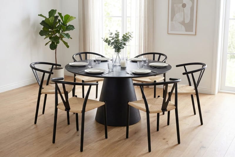 Siena spisebordssæt rundt 130 cm Sort med 6 Elysia spisestole - Sort - Møbler - Borde - Spisebordssæt