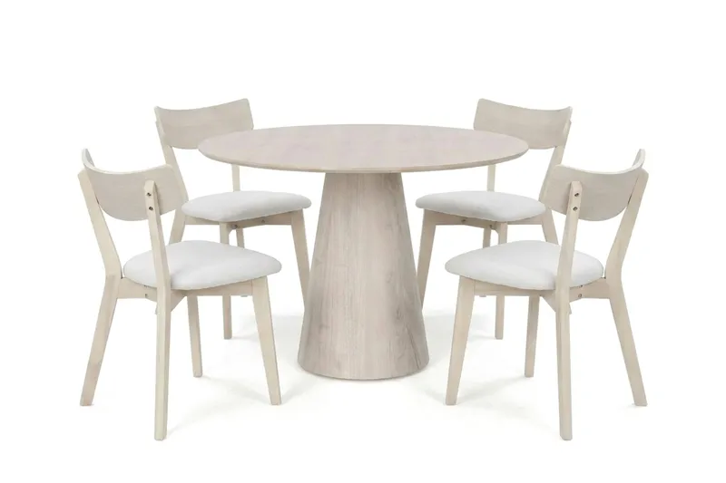 Siena spisegruppe 110 cm rund hvidlaseret med 4 Amelia spisestole med hynde, Hvidlaseret/Beige