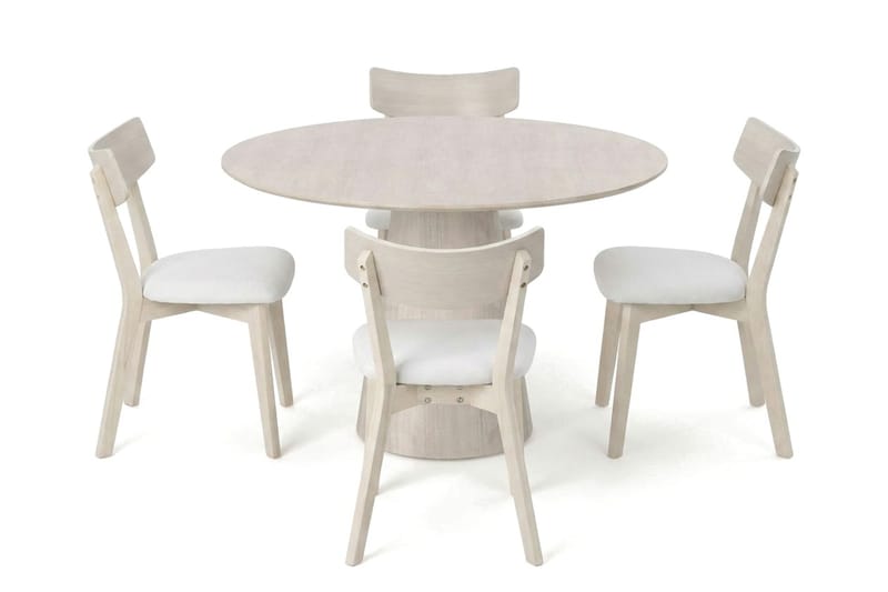 Siena spisegruppe 110 cm rund hvidlaseret med 4 Amelia spisestole med hynde - Hvidlaseret/Beige - Møbler - Borde - Spisebordssæt
