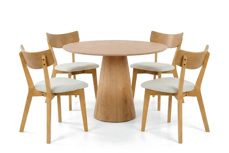 Siena spisegruppe 110 cm rund i eg med 4 Amelia spisestole med hynde, Eg/Beige
