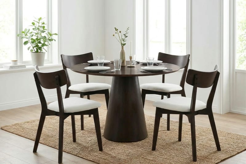 Siena spisegruppe 110 cm rund i røget eg med 4 Amelia spisestole med hynde - Røget eg/Beige - Møbler - Borde - Spisebordssæt