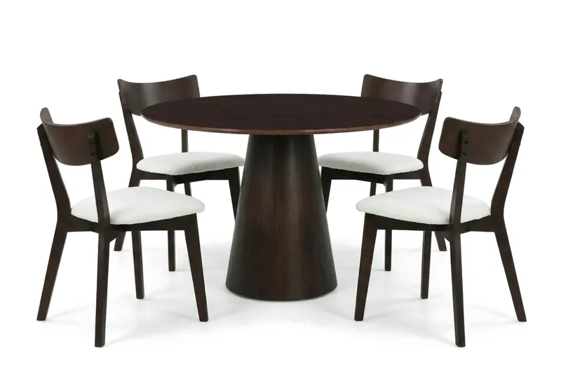 Siena spisegruppe 110 cm rund i røget eg med 4 Amelia spisestole med hynde, Røget eg/Beige
