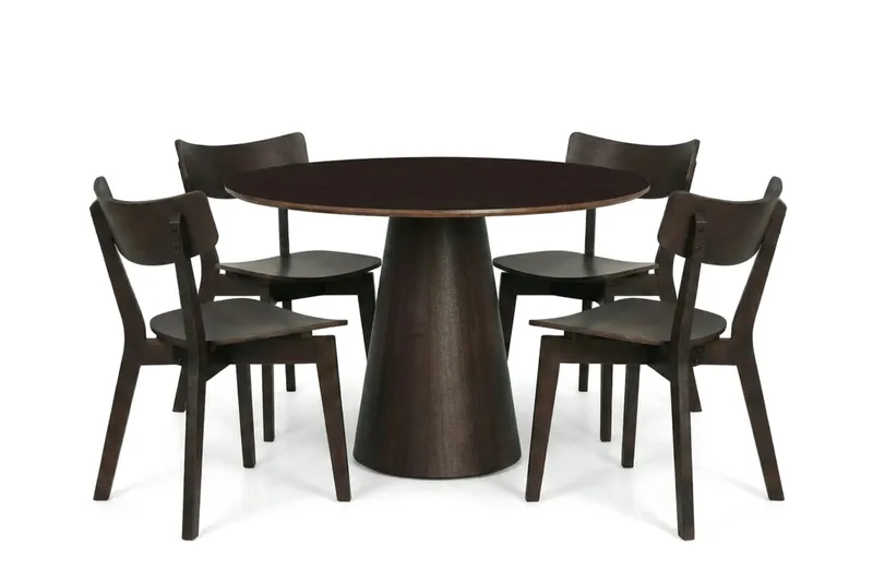 Siena spisegruppe 110 cm rund i røget eg med 4 Amelia-spisestole, Røget eg
