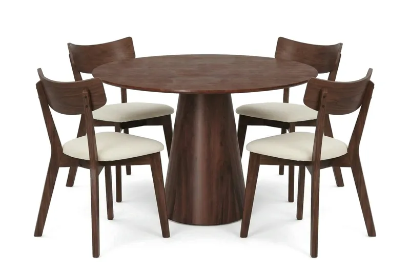 Siena spisegruppe 110 cm rund i valnød med 4 Amelia spisestole med hynde, Valnød/Beige