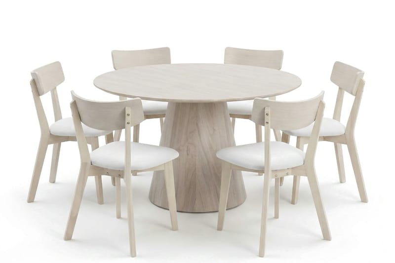Siena spisegruppe 130 cm rund hvidlaseret med 6 Amelia spisestole med hynde - Hvidlaseret/Beige - Møbler - Borde - Spisebordssæt