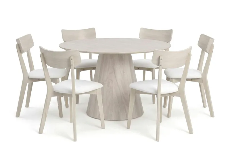 Siena spisegruppe 130 cm rund hvidlaseret med 6 Amelia spisestole med hynde, Hvidlaseret/Beige