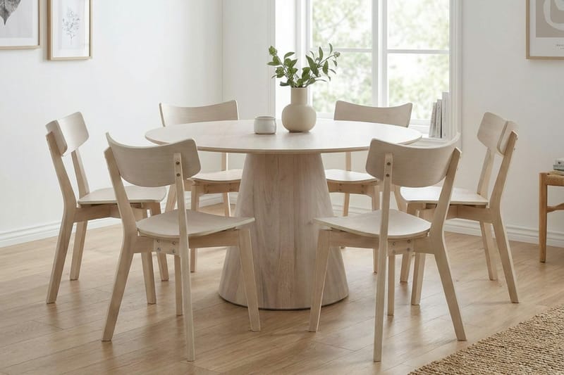 Siena spisegruppe 130 cm rund hvidolieret med 6 Amelia-spisestole - Hvidolieret - Møbler - Borde - Spisebordssæt