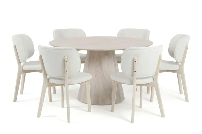 Siena spisegruppe 130 cm rund hvidolieret med 6 Eira-spisestole, Hvidolieret