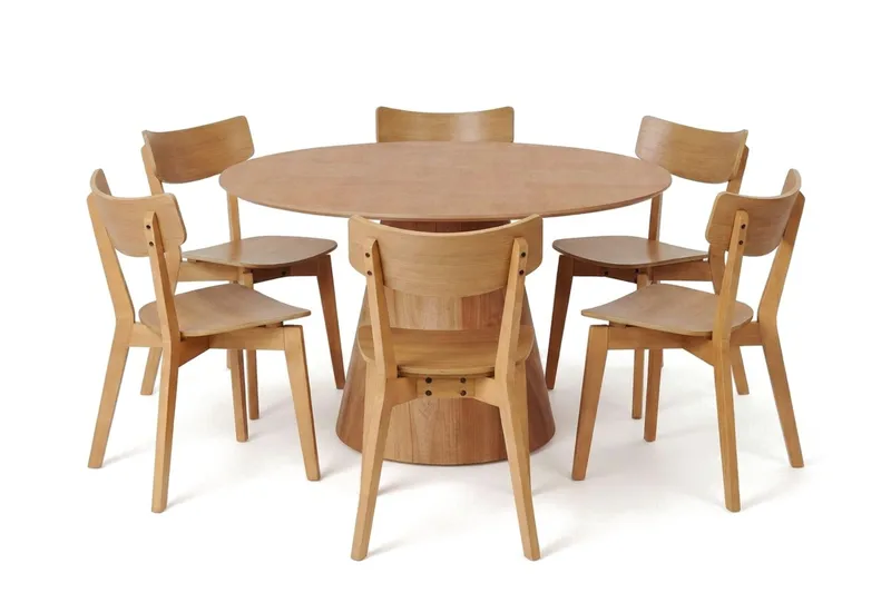 Siena spisegruppe 130 cm rund i eg med 6 Amelia-spisestole, Eg