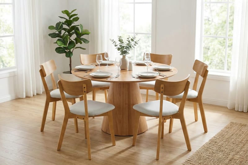 Siena spisegruppe 130 cm rund i eg med 6 Amelia spisestole med hynde - Eg/Beige - Møbler - Borde - Spisebordssæt