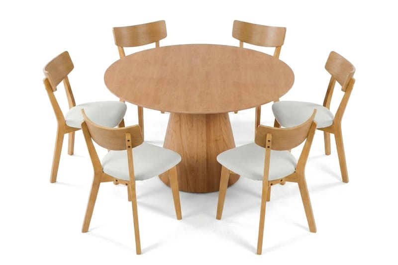 Siena spisegruppe 130 cm rund i eg med 6 Amelia spisestole med hynde - Eg/Beige - Møbler - Borde - Spisebordssæt