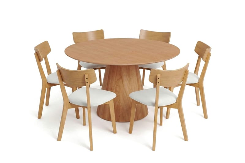 Siena spisegruppe 130 cm rund i eg med 6 Amelia spisestole med hynde, Eg/Beige