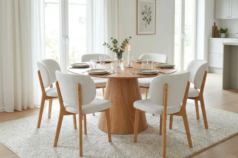 Siena spisegruppe 130 cm rund i eg med 6 Eira-spisestole - Eg - Møbler - Borde - Spisebordssæt