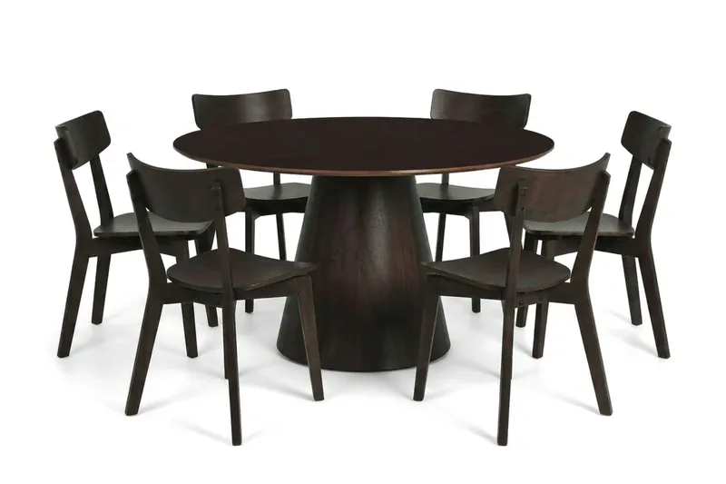 Siena spisegruppe 130 cm rund i røget eg med 6 Amelia-spisestole, Røget eg