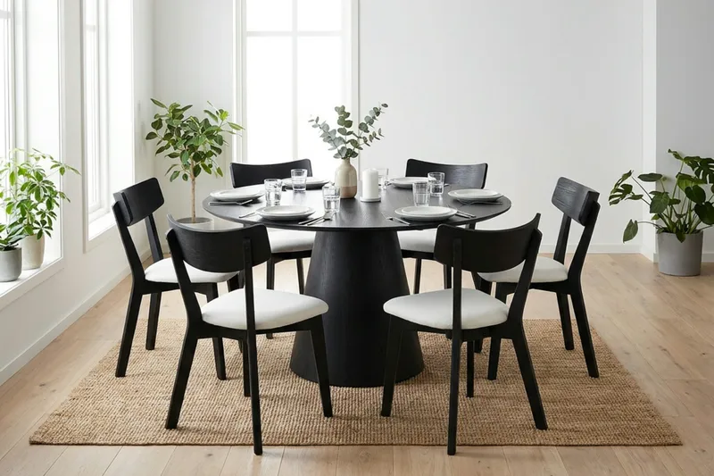 Siena spisegruppe 130 cm rund i sort med 6 Amelia spisestole med hynde - Sort/Beige - Møbler - Borde - Spisebordssæt