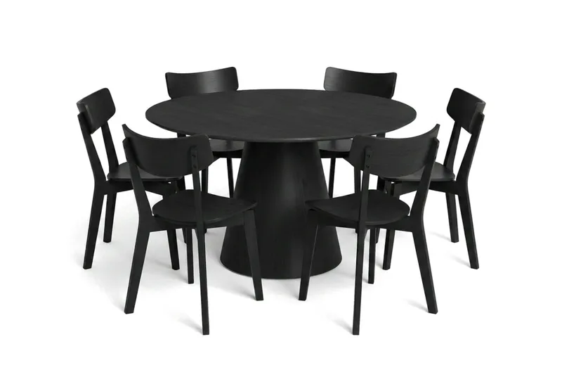 Siena spisegruppe 130 cm rund i sort med 6 Amelia-spisestole, Sort
