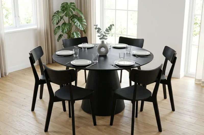 Siena spisegruppe 130 cm rund i sort med 6 Amelia-spisestole - Sort - Møbler - Borde - Spisebordssæt