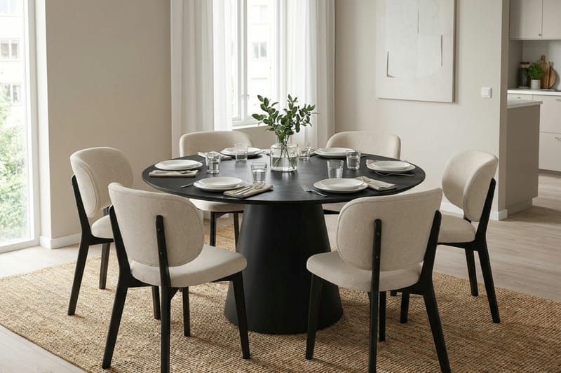Siena spisegruppe 130 cm rund i sort med 6 Eira-spisestole - Sort - Møbler - Borde - Spisebordssæt