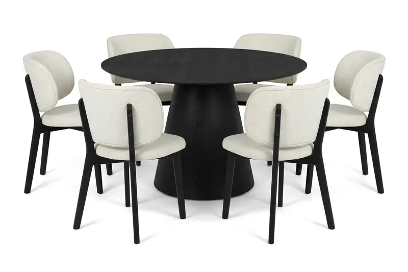 Siena spisegruppe 130 cm rund i sort med 6 Eira-spisestole, Sort
