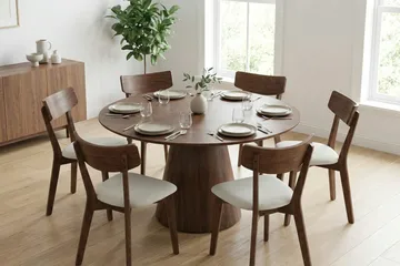Siena spisegruppe 130 cm rund i valnød med 6 Amelia spisestole med hynde - Valnød - Møbler - Borde - Spisebordssæt