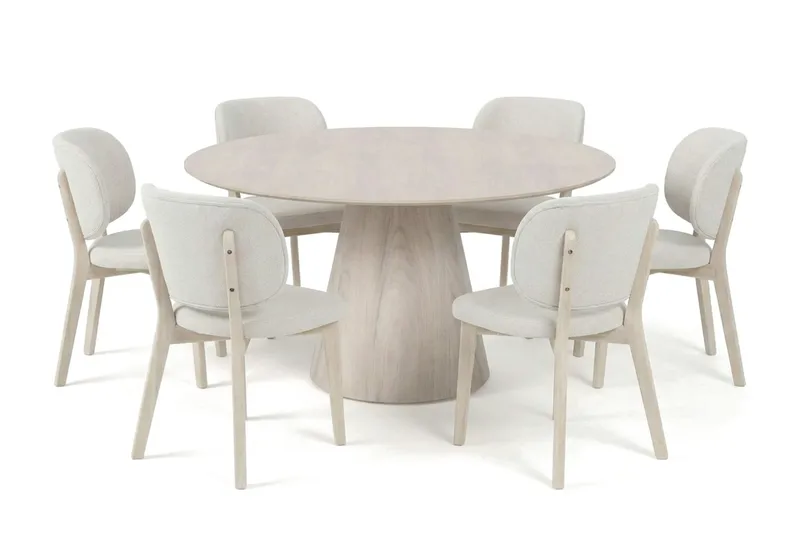 Siena spisegruppe 150 cm rund hvidolieret med 6 Eira-spisestole, Hvidolieret