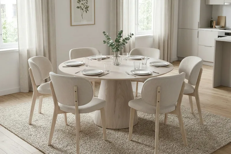Siena spisegruppe 150 cm rund hvidolieret med 6 Eira-spisestole - Hvidolieret - Møbler - Borde - Spisebordssæt