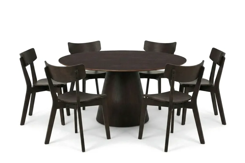 Siena spisegruppe 150 cm rund i røget eg med 6 Amelia spisestole, Røget eg