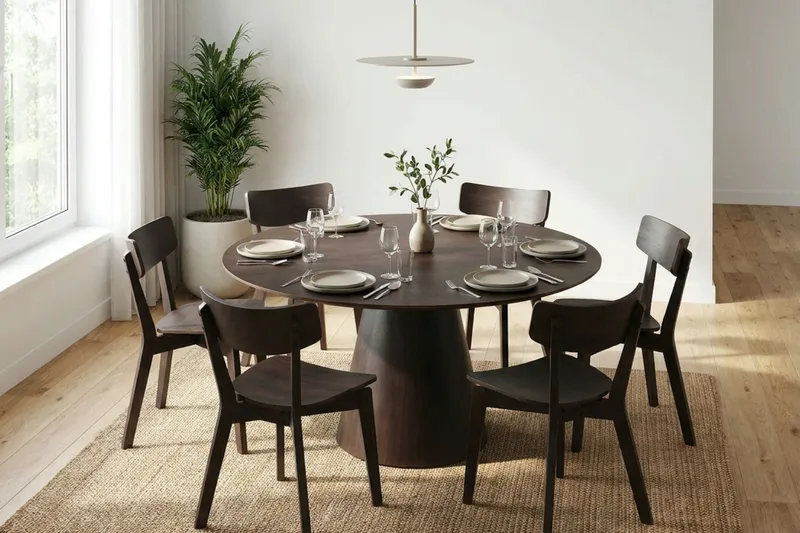 Siena spisegruppe 150 cm rund i røget eg med 6 Amelia spisestole - Røget eg - Møbler - Borde - Spisebordssæt