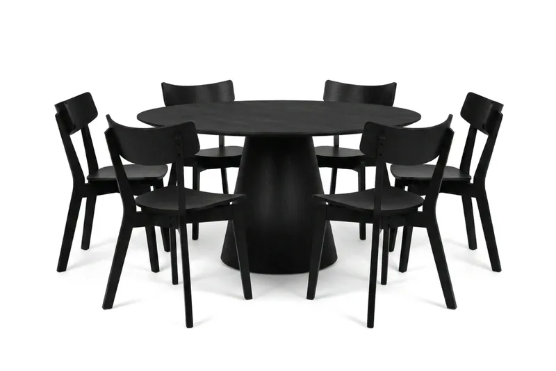 Siena spisegruppe 150 cm rund i sort med 6 Amelia spisestole, Sort
