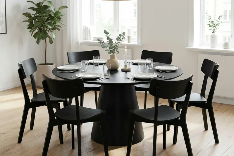 Siena spisegruppe 150 cm rund i sort med 6 Amelia spisestole - Sort - Møbler - Borde - Spisebordssæt
