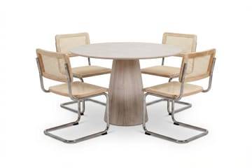 Siena spisegruppe rund 110 cm hvidlaseret med 4 Build-spisestole - Hvidbejdset eg - Møbler - Borde - Spisebordssæt