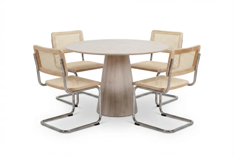 Siena spisegruppe rund 110 cm hvidlaseret med 4 Build-spisestole, Hvidlaseret/Natur/krom