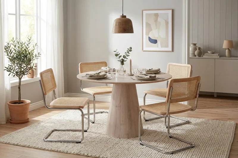 Siena spisegruppe rund 110 cm hvidlaseret med 4 Build-spisestole - Hvidlaseret/Natur/krom - Møbler - Borde - Spisebordssæt