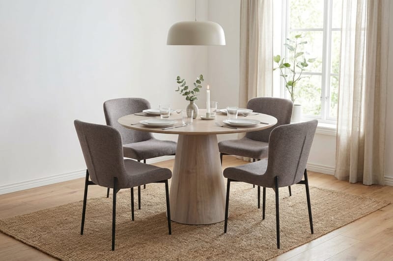 Siena spisegruppe rund 110 cm hvidlaseret med 4 Elsie-spisestole - Hvidlaseret/Grå - Møbler - Borde - Spisebordssæt