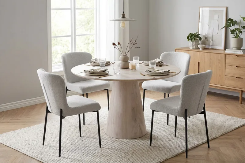 Siena spisegruppe rund 110 cm hvidlaseret med 4 Elsie-spisestole - Hvidlaseret/Hvid - Møbler - Borde - Spisebordssæt
