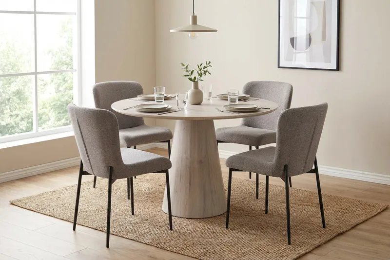 Siena spisegruppe rund 110 cm hvidlaseret med 4 Elsie-spisestole - Hvidlaseret/Lysegrå - Møbler - Borde - Spisebordssæt