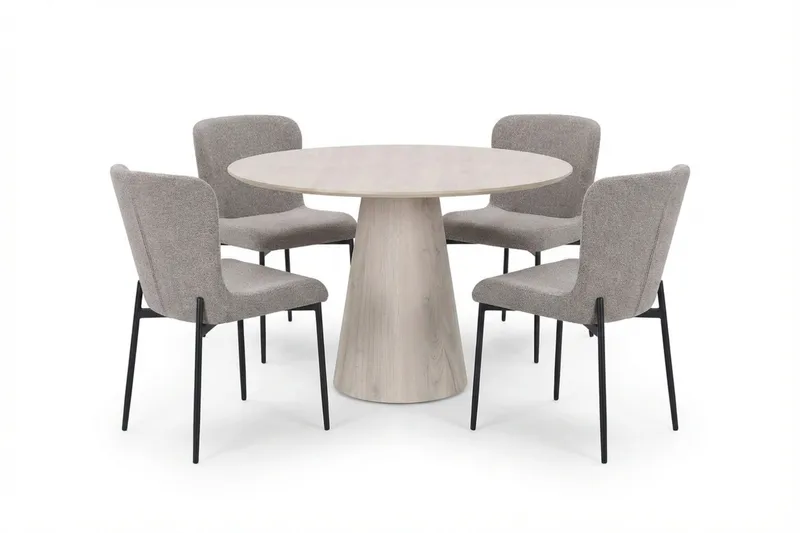 Siena spisegruppe rund 110 cm hvidlaseret med 4 Elsie-spisestole, Hvidlaseret/Lysegrå