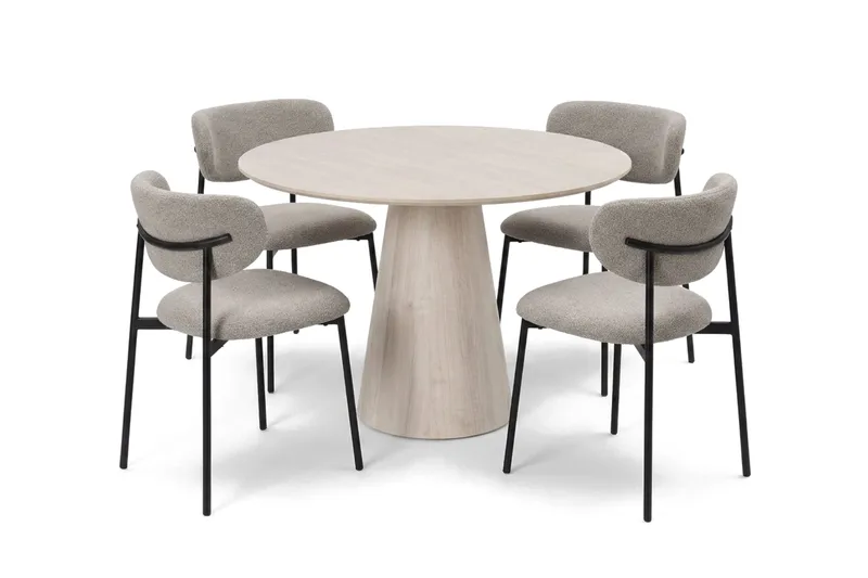 Siena spisegruppe rund 110 cm hvidlaseret med 4 Lucy spisebordsstole, Hvidbejdset eg