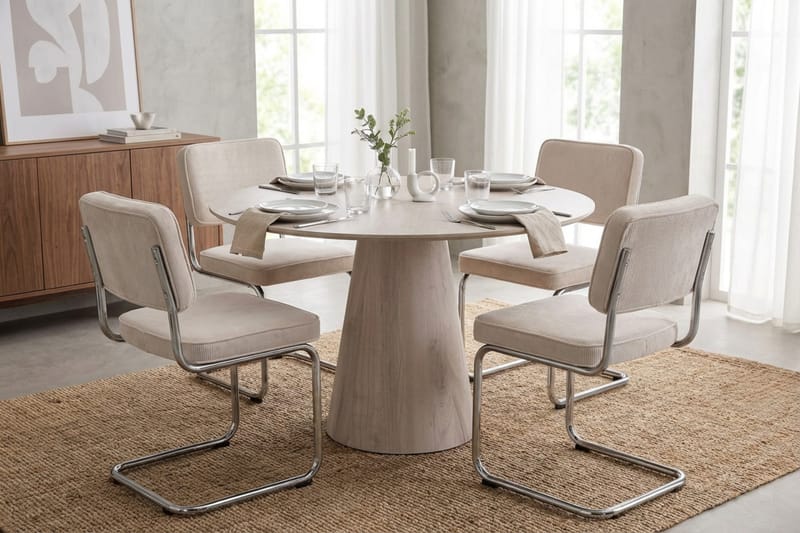 Siena spisegruppe rund 110 cm hvidlaseret med 4 Milva spisestole - Hvidlaseret/Beige/krom - Møbler - Borde - Spisebordssæt