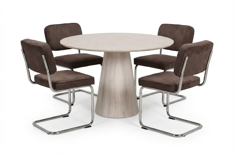 Siena spisegruppe rund 110 cm hvidlaseret med 4 Milva spisestole, Hvidlaseret/Brun/krom