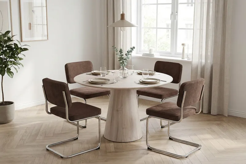 Siena spisegruppe rund 110 cm hvidlaseret med 4 Milva spisestole - Hvidlaseret/Brun/krom - Møbler - Borde - Spisebordssæt