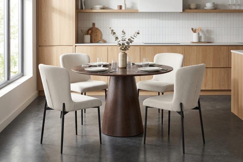 Siena Spisegruppe Rund 110 cm Røget Eg med 4 Elsie Spisestole - Røget Eg/Hvid - Møbler - Borde - Spisebordssæt