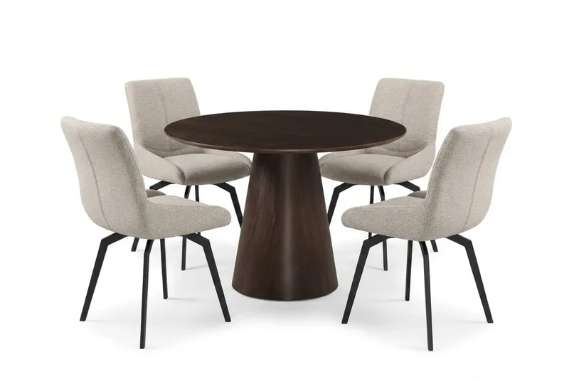 Siena spisegruppe rund 110 cm røget eg med 4 Mora spisestole, Røget eg