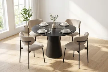Siena spisegruppe rund 110 cm Sort med 4 Lucy-spisestole - Sortbejdset eg - Møbler - Borde - Spisebordssæt