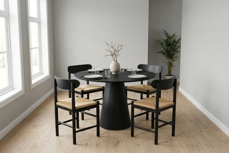 Siena Spisegruppe rund 110 cm Sort med 4 Malte Spisestole - Møbler - Borde - Spisebordssæt