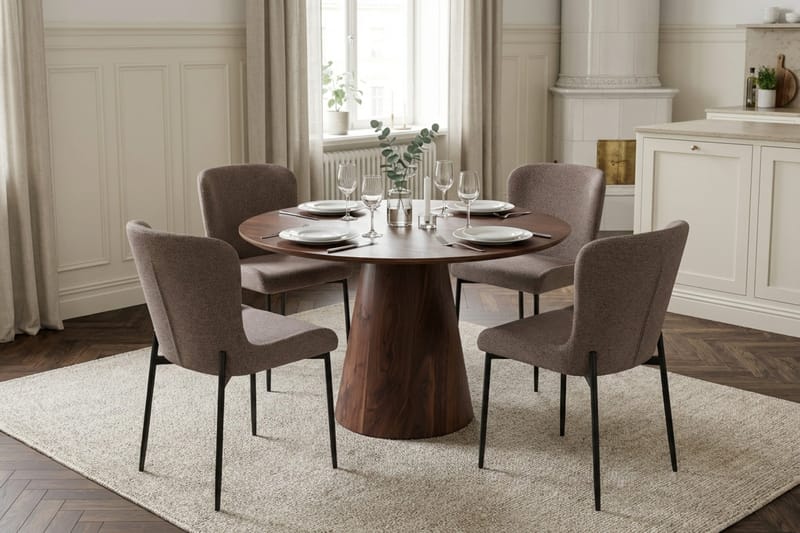 Siena Spisegruppe Rund 110 cm Valnød med 4 Elsie Spisestole - Valnød/Grå - Møbler - Borde - Spisebordssæt