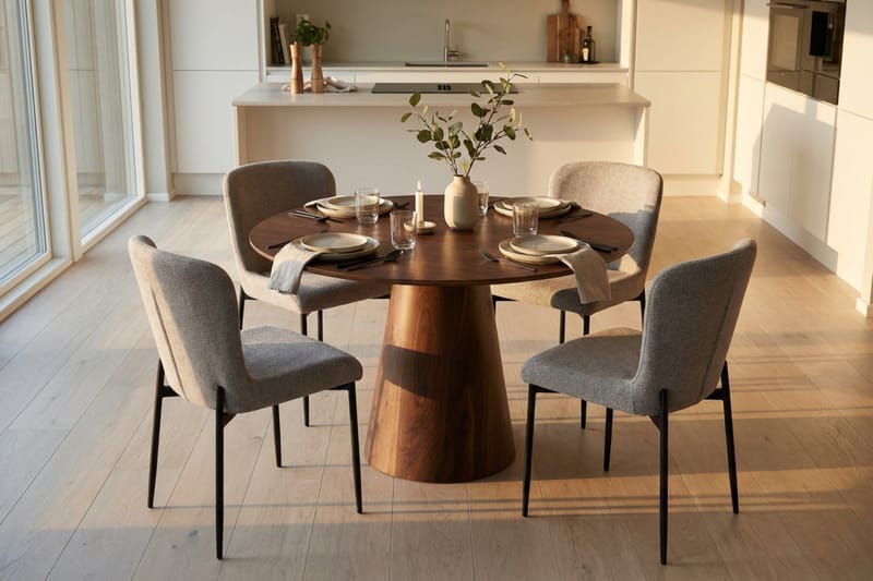 Siena Spisegruppe Rund 110 cm Valnød med 4 Elsie Spisestole - Valnød/Lysegrå - Møbler - Borde - Spisebordssæt