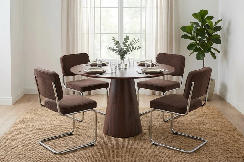 Siena spisegruppe rund 110 cm valnød med 4 Milva spisestole - Valnød - Møbler - Borde - Spisebordssæt