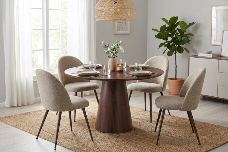 Siena spisegruppe rund 110 cm valnød med 4 Nibe Plus-spisestole - Valnød - Møbler - Borde - Spisebordssæt